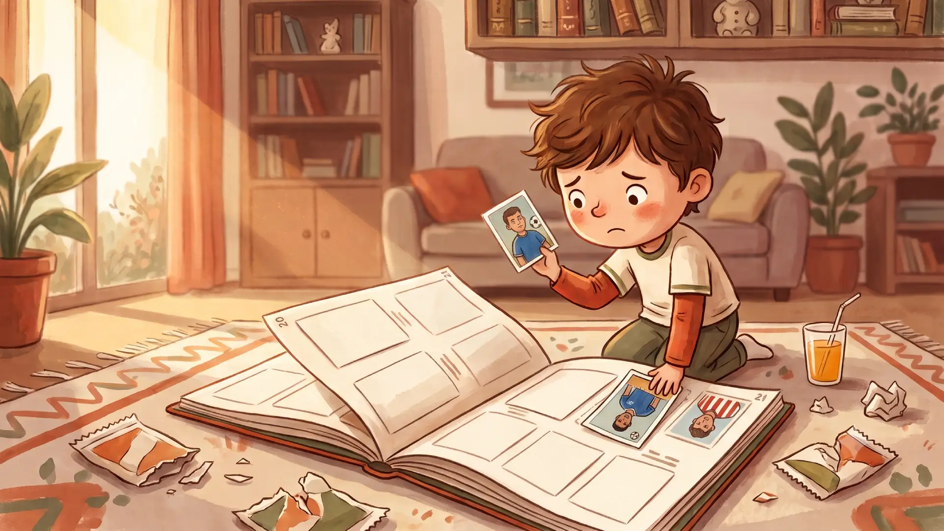 Illustration of a worried boy kneeling over a sticker album, holding a sticker and unsure which of two identical slots it belongs to